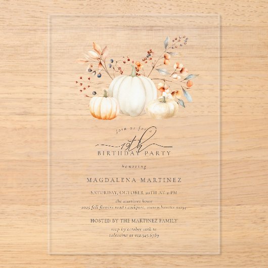 ACRYL 19e Verjaardag Witte Pompoen Fall Bladeren Acryl Uitnodigingen (Voorkant)