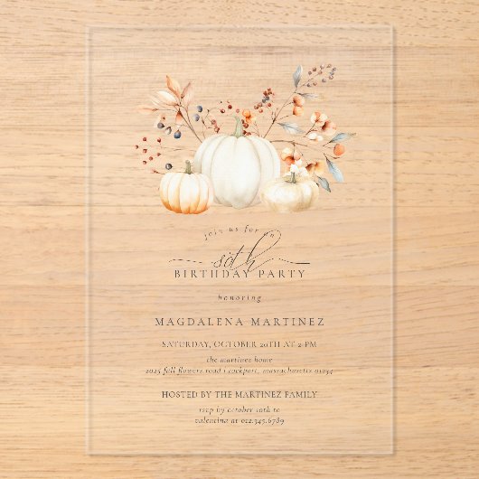 ACRYL 80e verjaardag Witte pompoen val bladeren Acryl Uitnodigingen (Voorkant)