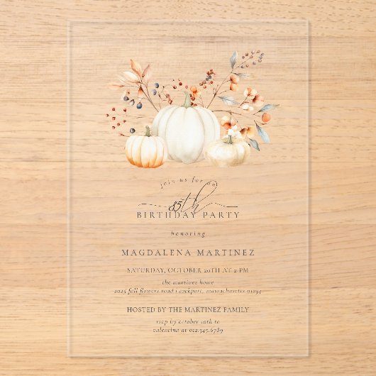 ACRYL 85e Verjaardag Witte Pompoen Fall Bladeren Acryl Uitnodigingen (Voorkant)
