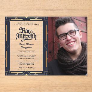 ACRYL BAR MITZVAH Foto Blauw Goud Elegant Acryl Uitnodigingen