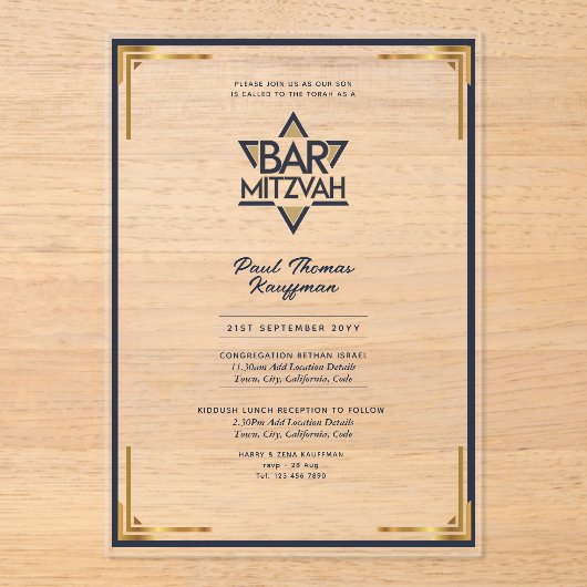 Acryl BAR MITZVAH Navy Gold Modern Classy Acryl Uitnodigingen (Voorkant)