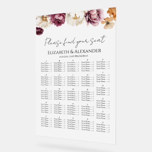 Acryl Bourgondië Bloemen Herfst Trouwstoel Grafiek Acryl Bord (Hoek)