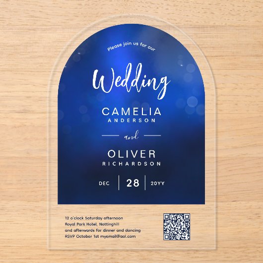 ACRYL BRUILOFT Diep Ombre Blauw QR Code RSVP Acryl Uitnodigingen (Voorkant)