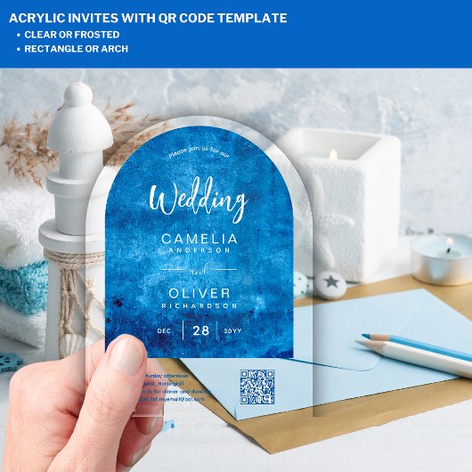 ACRYL BRUILOFT Distressed SKY BLUE QR Code RSVP Uitnodigingen