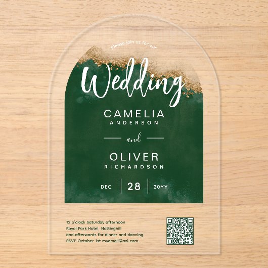 ACRYL BRUILOFT Groene Agaat QR Code RSVP Website Acryl Uitnodigingen (Voorkant)