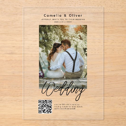 ACRYL bruiloft nodigt foto QR-code RSVP Acryl Uitnodigingen (Voorkant)