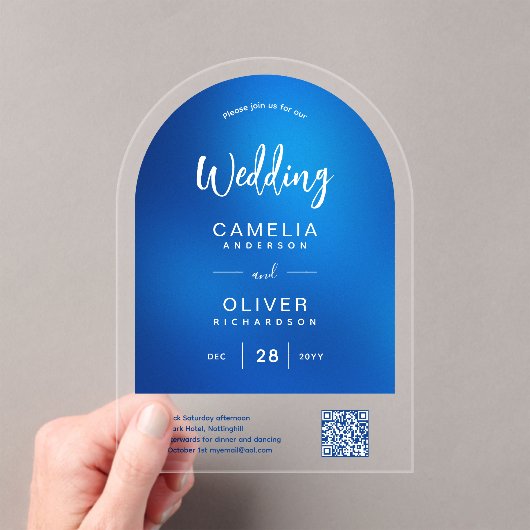 ACRYL BRUILOFT Sky Blue Ombre QR Code RSVP Acryl Uitnodigingen (Insitu (Draagbaar))