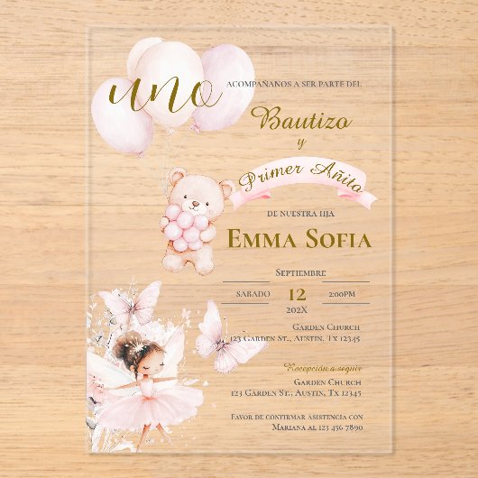 Acryl doop en eerste jaar Spaans Acryl Uitnodigingen (Voorkant)