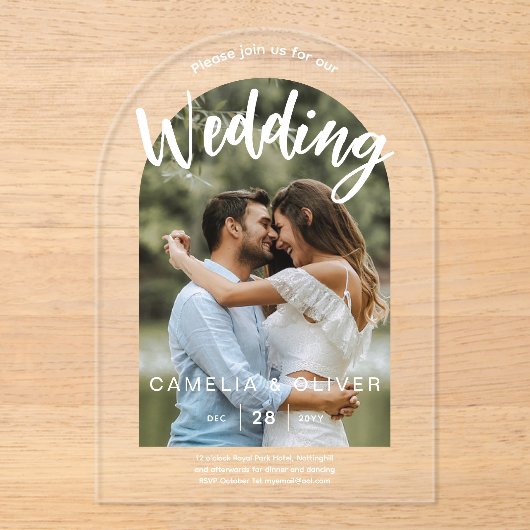 ACRYL Fotobruiloft Nodig Moderne Eenvoudige BOOG u Acryl Uitnodigingen (Voorkant)