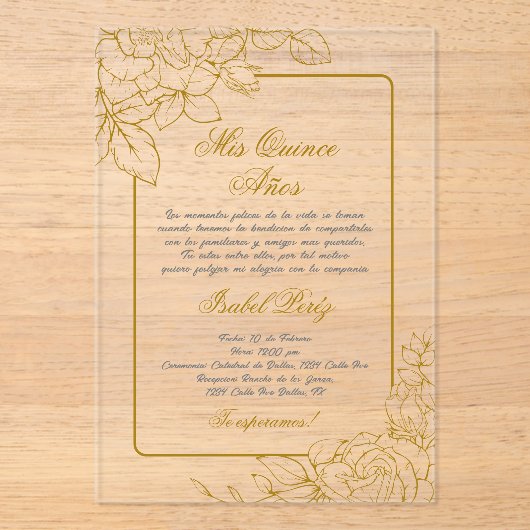 Acryl Goud lijst Spaans Quinceanera Acryl Uitnodigingen (Voorkant)