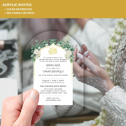 ACRYL NIKAH WALIMA Witte Rozen Goud Elegant Acryl Uitnodigingen