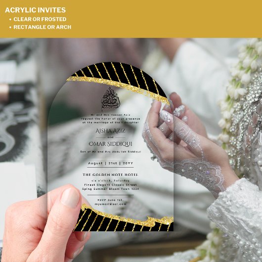 ACRYL NIKAH WALIMA Zwart Goud Elegant Islamitische Acryl Uitnodigingen