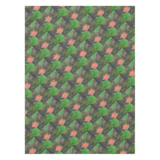 Acryl op doek, roze waterlelie en groene bladeren tafelkleed