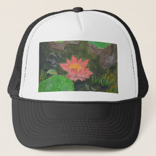 Acryl op doek, roze waterliem trucker pet