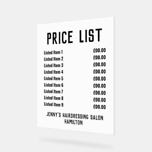 Acryl prijslijst acryl bord (Hoek)