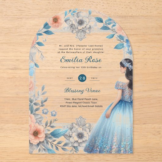 ACRYL Quinceañera Blauw Zilveren Perzik Jurk Bloem Acryl Uitnodigingen (Voorkant)
