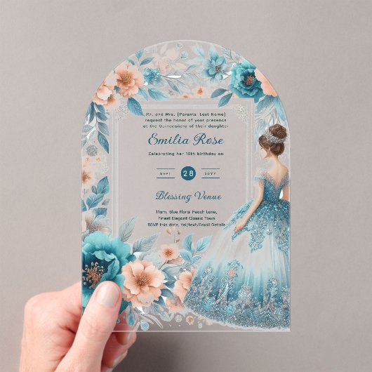 ACRYL Quinceañera Blauw Zilveren Perzik Jurk Bloem Acryl Uitnodigingen (Insitu (Draagbaar))
