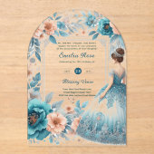 ACRYL Quinceañera Blauw Zilveren Perzik Jurk Bloem Acryl Uitnodigingen (Voorkant)