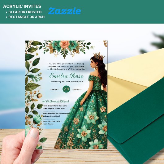 ACRYL Quinceañera Emerald GREEN Gouden Jurk Acryl Uitnodigingen