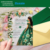 ACRYL Quinceañera Emerald GREEN Gouden Jurk Acryl Uitnodigingen