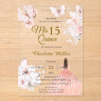 Acryl Quinceanera met Roze Bloem Vlinders Uitnodigingen