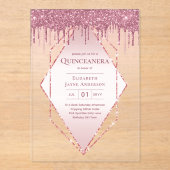 ACRYL Quinceanera Roos Goud Roze Glitter Acryl Uitnodigingen (Voorkant)