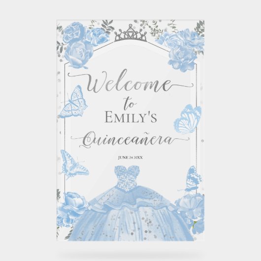Acryl Quinceanera Welkomstbord | blauwe jurk Acryl Bord (Voorkant)