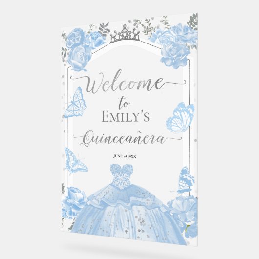 Acryl Quinceanera Welkomstbord | blauwe jurk Acryl Bord (Hoek)