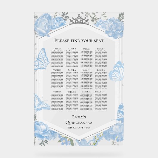 Acryl Quinceanera Zitplaatdiagram Sig | blauwe jur Acryl Bord (Voorkant)