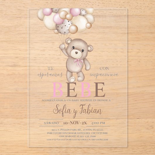 Acryl Roze Beer Baby shower Meisje Spaans Acryl Uitnodigingen (Voorkant)