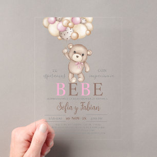 Acryl Roze Beer Baby shower Meisje Spaans Uitnodigingen