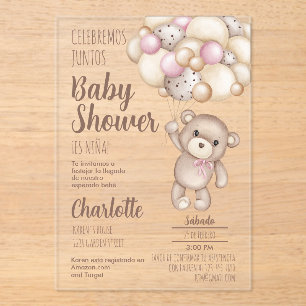 Acryl teddybeer Baby shower meisje Spaans Acryl Uitnodigingen