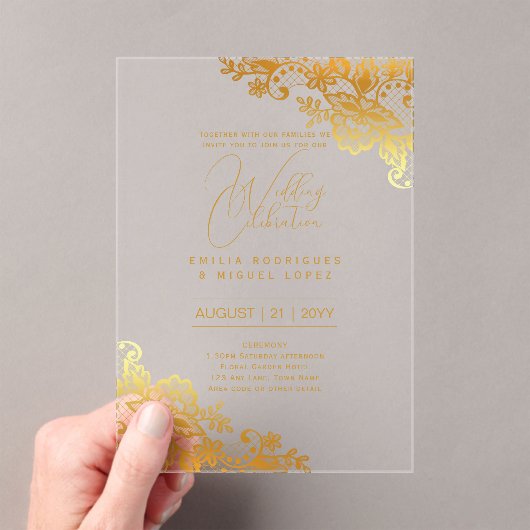 Acryl Trouwkaarten Gouden Kant Tekst Elegant Acryl Uitnodigingen (Insitu (Draagbaar))