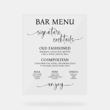 Acryl Wedding Bar Menu Sign