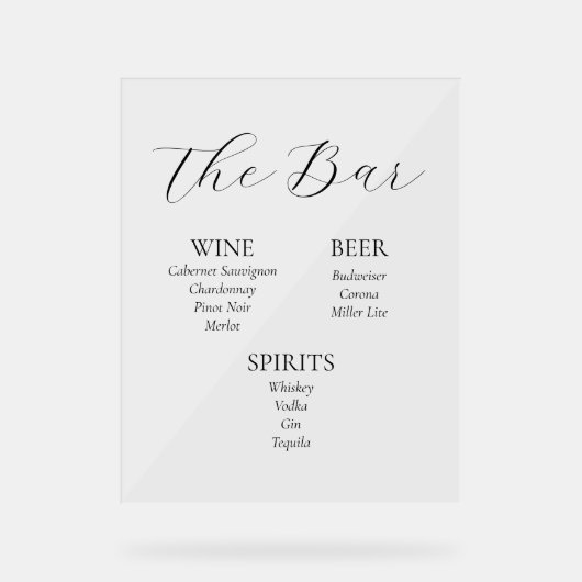 Acryl Wedding Bar Menu Sign Bord (Voorkant)