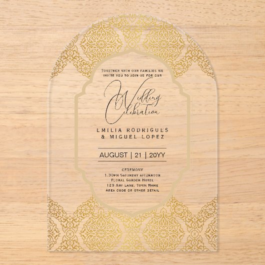ACRYL Wedding Nodigt Goud  Elegant Fancy Acryl Uitnodigingen (Voorkant)