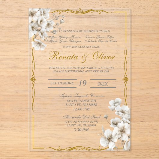 Acryl witte bloemen Spaanse bruiloft Acryl Uitnodigingen (Voorkant)