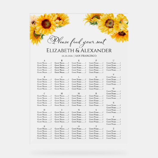 Acryl Zonnebloem Herfst Trouwstoel Grafiek Acryl Bord (Voorkant)