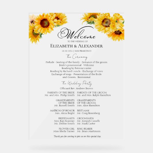 Acryl Zonnebloem Wedding Ceremony Program Teken Acryl Bord (Voorkant)