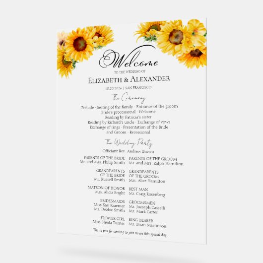 Acryl Zonnebloem Wedding Ceremony Program Teken Bord (Hoek)
