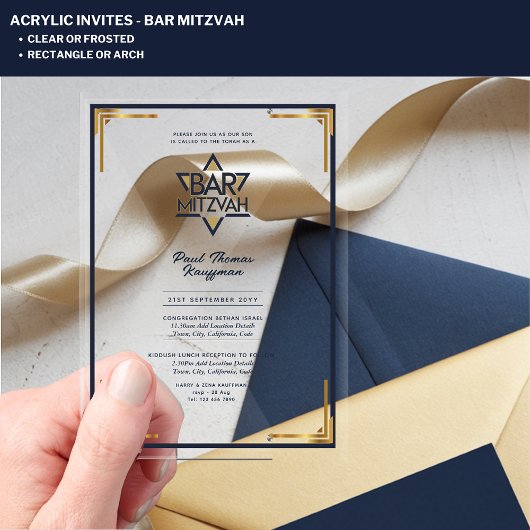 Acrylaat BAR MITZVAH Navy Goud Modern Klasse Acryl Uitnodigingen