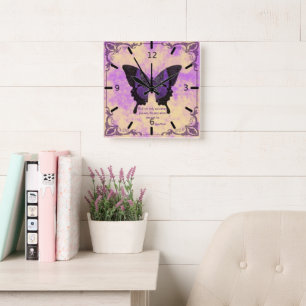 Acrylaat wandklok Paars/Zwarte Vlinder Spreuk  Vierkante Klok