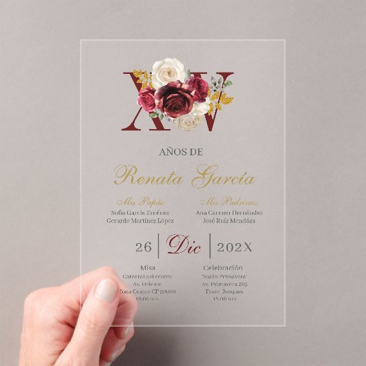 Acrylic Burgundy floral quinceañera invitation (In situ (ordinateur de poche))