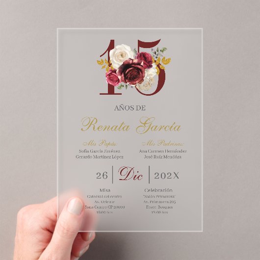 Acrylic Burgundy floral quinceañera invitation Acryl Uitnodigingen (Insitu (Draagbaar))