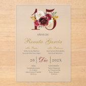 Acrylic Burgundy floral quinceañera invitation Acryl Uitnodigingen (Voorkant)