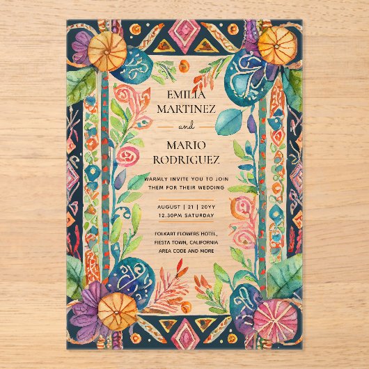 Acrylic Heldere Fiesta Folkart Bloemige Huwelijksb Acryl Uitnodigingen (Voorkant)