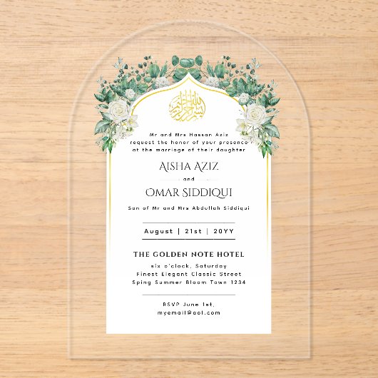 ACRYLIC NIKAH WALIMA Witte Rozen Goud Elegant Acryl Uitnodigingen (Voorkant)