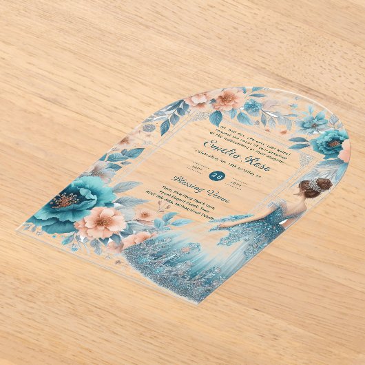 ACRYLIC Quinceañera Blauw Zilver Perzik Jurk Bloem Acryl Uitnodigingen (Laagn)