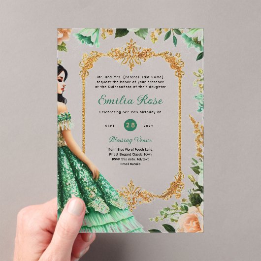 ACRYLIC Quinceañera Smaragdgroene Gouden Jurk Acryl Uitnodigingen (Insitu (Draagbaar))