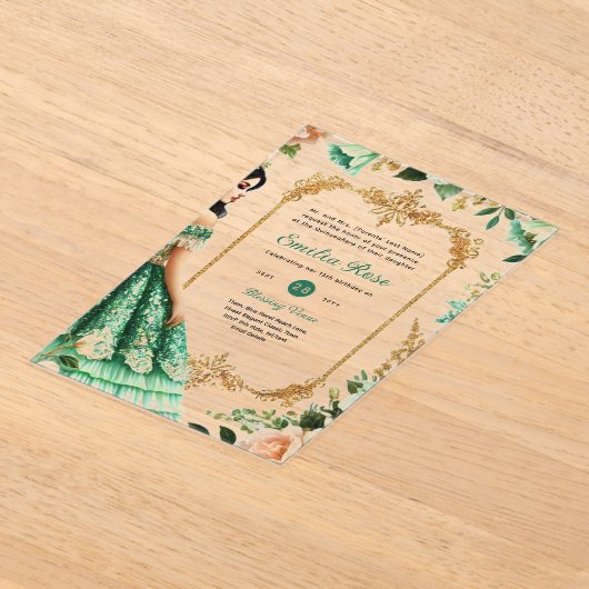 ACRYLIC Quinceañera Smaragdgroene Gouden Jurk Acryl Uitnodigingen (Laagn)